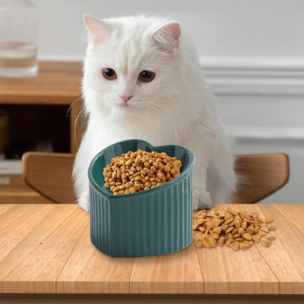 Love Shape Slanted Cat Bowl Ceramic Pet Bowl for Cats Food Water Feeding Dish - Green.