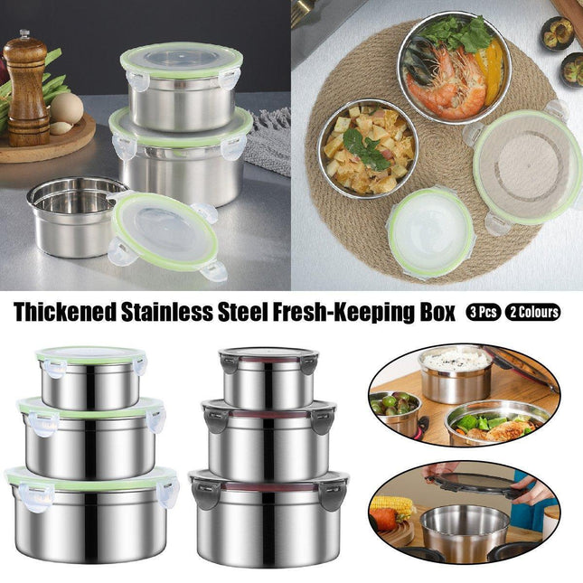 3PCS Stainless Steel Sealed Crisper Storage Box with Lid Round Food Lunch Box - Black.