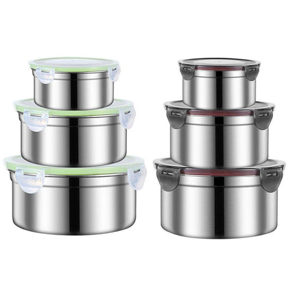 3PCS Stainless Steel Sealed Crisper Storage Box with Lid Round Food Lunch Box - Black.