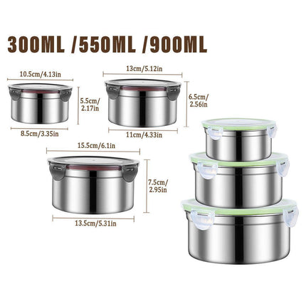 3PCS Stainless Steel Sealed Crisper Storage Box with Lid Round Food Lunch Box - Black.