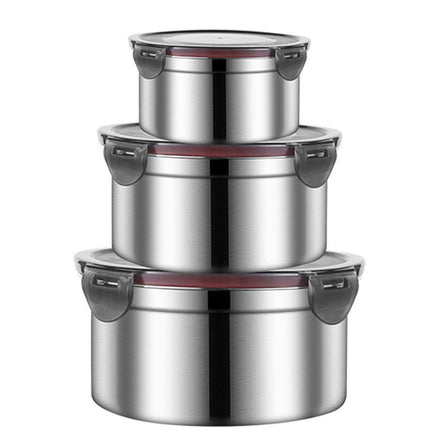 3PCS Stainless Steel Sealed Crisper Storage Box with Lid Round Food Lunch Box - Black.