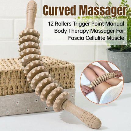 Wooden 12Roller Massage Stick Meridian Therapy Neck Back Thigh Muscle Relaxation.