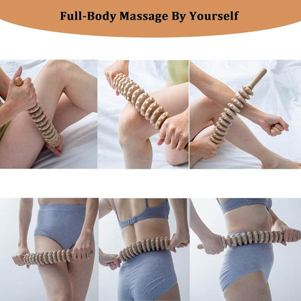 Wooden 12Roller Massage Stick Meridian Therapy Neck Back Thigh Muscle Relaxation.