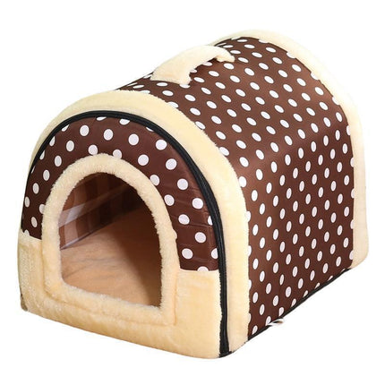 XL Size Pet House Kennel Soft Igloo Beds Cave Cat Puppy Bed Warm Cushion Fold - Brown Dots.