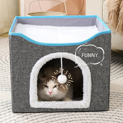 Foldable Pet Cat Calming Bed Hideaway Interactive House Nest Scratching Board - Dark Grey.