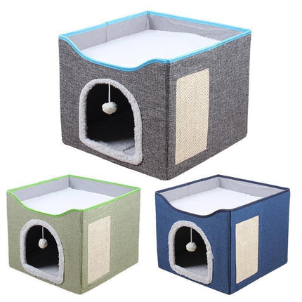 Foldable Pet Cat Calming Bed Hideaway Interactive House Nest Scratching Board - Light Green.