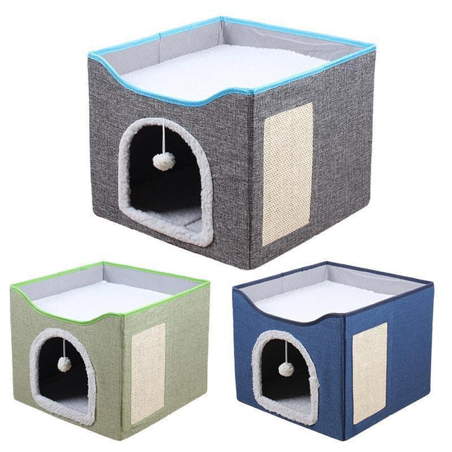 Foldable Pet Cat Calming Bed Hideaway Interactive House Nest Scratching Board - Light Green.