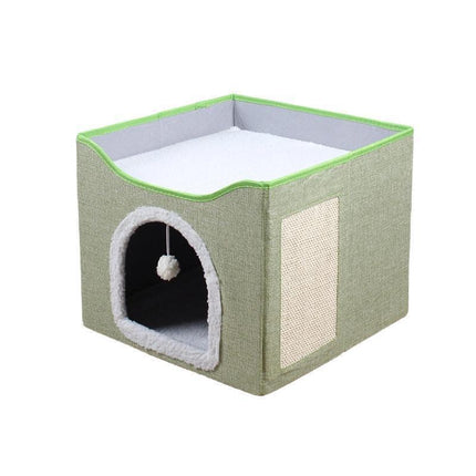 Foldable Pet Cat Calming Bed Hideaway Interactive House Nest Scratching Board - Light Green.