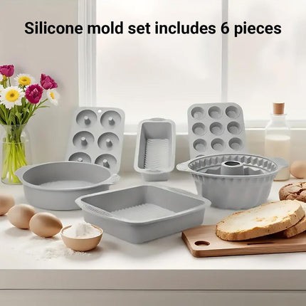 6PCS Silicone Cake Mould Set Baking Pans Nonstick Cupcake Cookie Tools Reusable - Green.