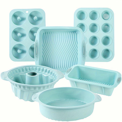6PCS Silicone Cake Mould Set Baking Pans Nonstick Cupcake Cookie Tools Reusable - Green.