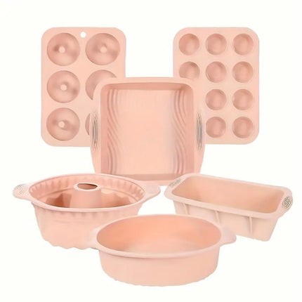 6PCS Silicone Cake Mould Set Baking Pans Nonstick Cupcake Cookie Tools Reusable - Pink.