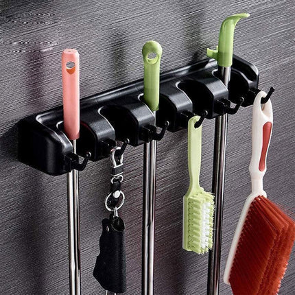 Broom Hanger Mop Holder Wall Mounted Brush Storage Rack Organizer Kitchen Tool - Black.