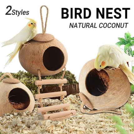 Natural Coconut Bird Nest Cage Pet Parrot Parakeet Safe Hut Feeder Shell Home - Rope type.