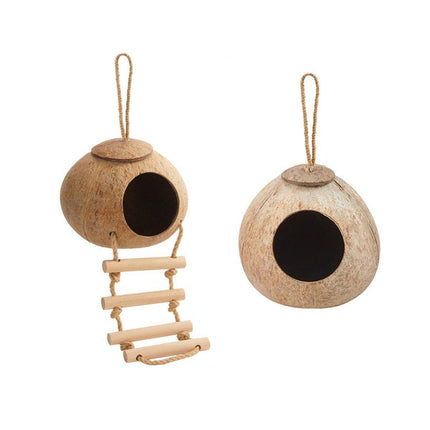 Natural Coconut Bird Nest Cage Pet Parrot Parakeet Safe Hut Feeder Shell Home - Rope type.