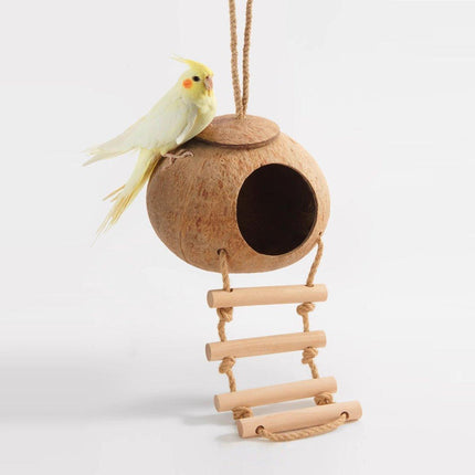 Natural Coconut Bird Nest Cage Pet Parrot Parakeet Safe Hut Feeder Shell Home - Rope type.