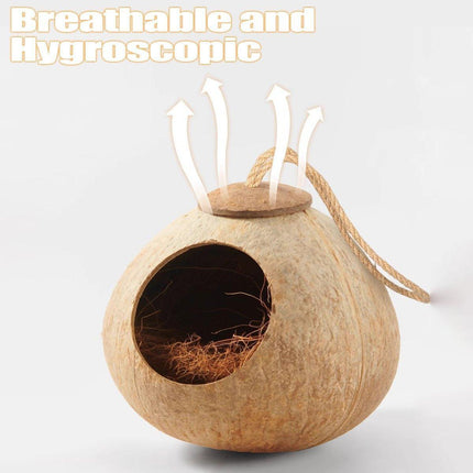 Natural Coconut Bird Nest Cage Pet Parrot Parakeet Safe Hut Feeder Shell Home - Rope type.