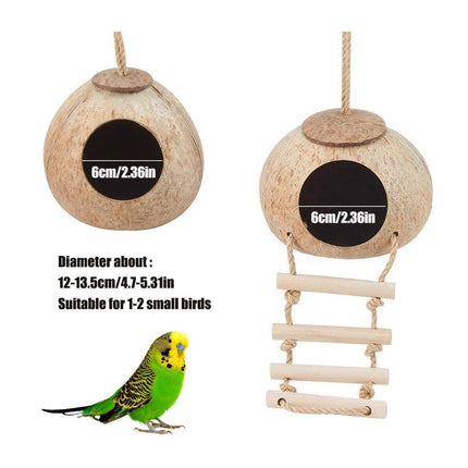 Natural Coconut Bird Nest Cage Pet Parrot Parakeet Safe Hut Feeder Shell Home - Rope type.