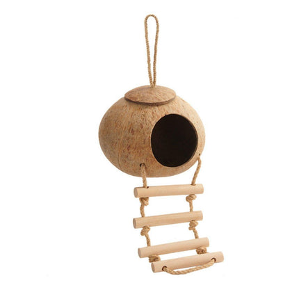 Natural Coconut Bird Nest Cage Pet Parrot Parakeet Safe Hut Feeder Shell Home - Rope type.