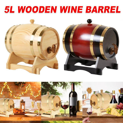 5L Wooden Wine Barrel Whiskey Rum Beer Spirits Storage Brewing Cask Vintage - Red.