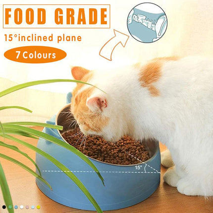 Pet Dog Cat Food Bowl Raised No Slip Stainless Steel Tilted Water Food Feeder - Black.