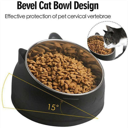 Pet Dog Cat Food Bowl Raised No Slip Stainless Steel Tilted Water Food Feeder - Black.