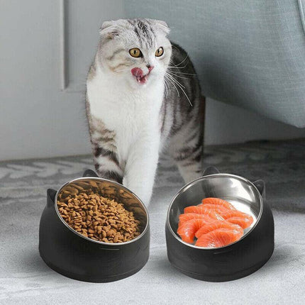 Pet Dog Cat Food Bowl Raised No Slip Stainless Steel Tilted Water Food Feeder - Black.