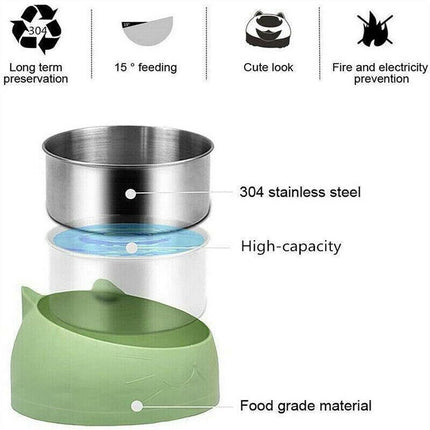Pet Dog Cat Food Bowl Raised No Slip Stainless Steel Tilted Water Food Feeder - Black.