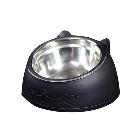 Pet Dog Cat Food Bowl Raised No Slip Stainless Steel Tilted Water Food Feeder - Black.
