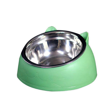 Pet Dog Cat Food Bowl Raised No Slip Stainless Steel Tilted Water Food Feeder - Black.