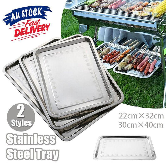 2X Stainless Steel Oblong Tray Plate Serving Tray Silver Dinner Food Kitchenware - 22X32CM.