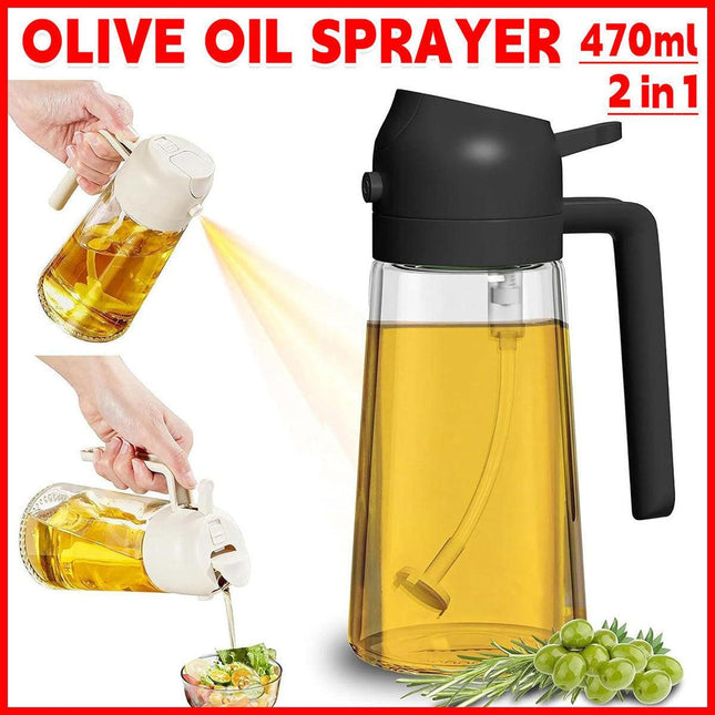 2-in-1 470ml Glass Oil Bottle Spray Pour Automatic Pressure Control Kitchen Tool - Black.