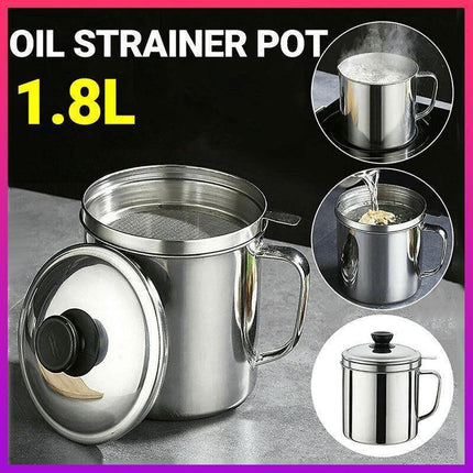 1.8L Stainless Steel Oil Filter Pot with Strainer Lid Grease Separator for Kitchen.
