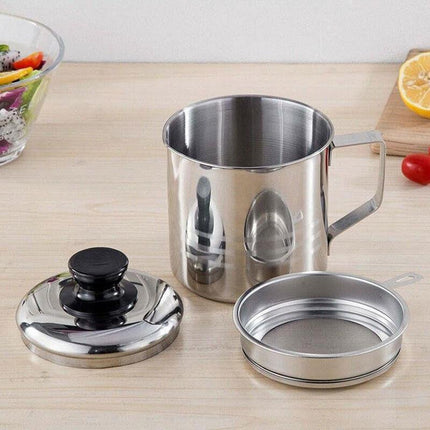 1.8L Stainless Steel Oil Filter Pot with Strainer Lid Grease Separator for Kitchen.