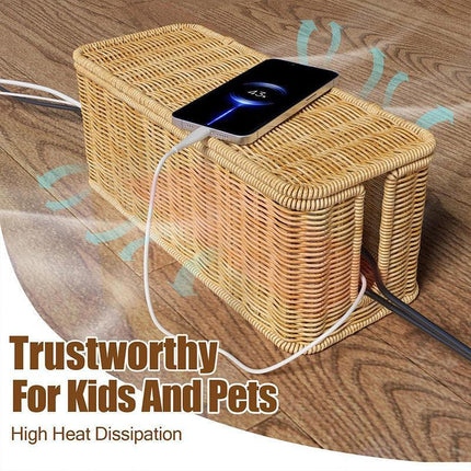 Desktop Cable Management Box with Cover Rattan Style Power Cord Organizer Case.