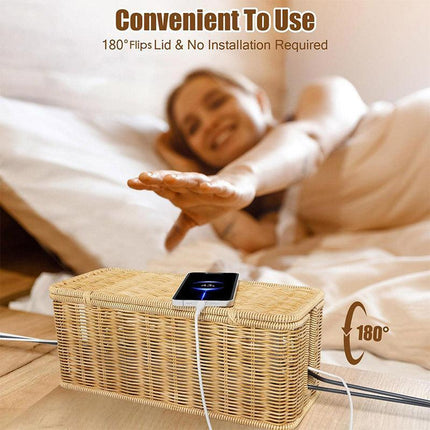 Desktop Cable Management Box with Cover Rattan Style Power Cord Organizer Case.