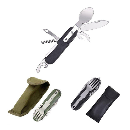 6in1 Portable Folding Knife Fork Spoon Set Outdoor Multi Functional Tableware - Black.