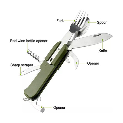 6in1 Portable Folding Knife Fork Spoon Set Outdoor Multi Functional Tableware - Black.
