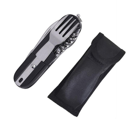 6in1 Portable Folding Knife Fork Spoon Set Outdoor Multi Functional Tableware - Black.
