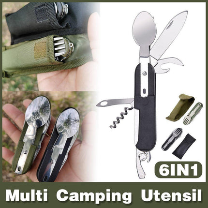 6in1 Portable Folding Knife Fork Spoon Set Outdoor Multi Functional Tableware - Green.
