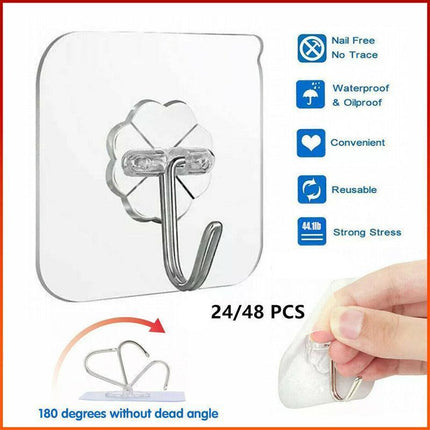 24-48Pcs Clear Seamless Adhesive Hook Strong Stick Wall Hook Load Kitchen Hanger - 24 PCS.