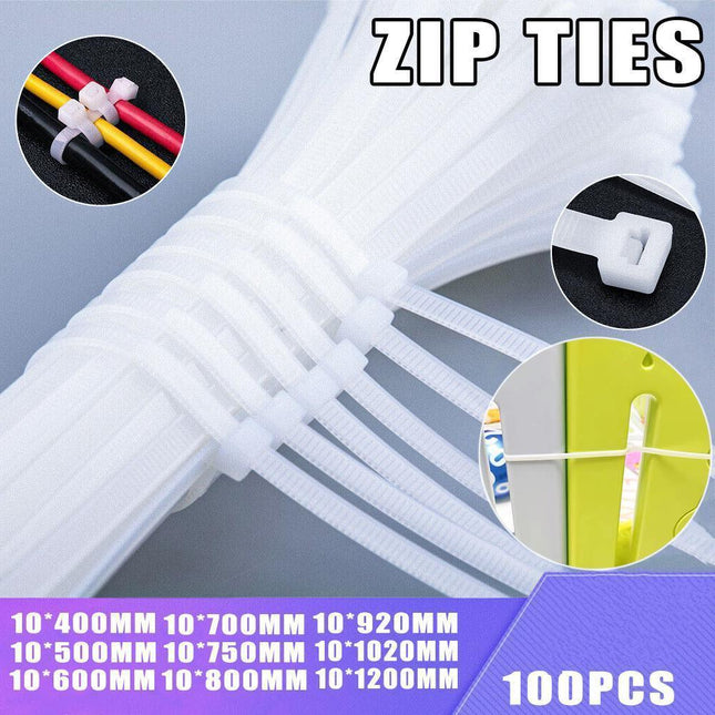 100X Cable Ties Zip Ties Nylon UV Stabilised Bulk White Cable Ties - 10*500mm White.