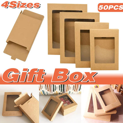 50PCS Kraft Paper Gift Boxes with PVC Window White Black Bakery Packaging Carton - S.