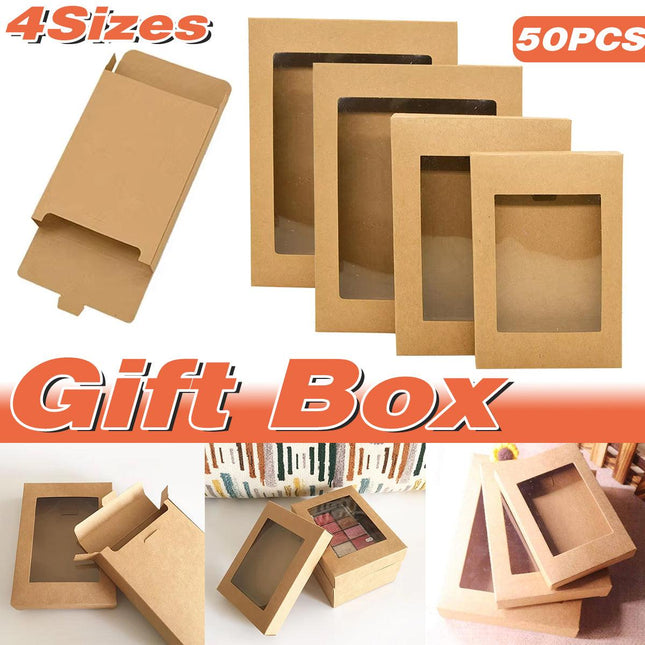 50PCS Kraft Paper Gift Boxes with PVC Window White Black Bakery Packaging Carton - XL.