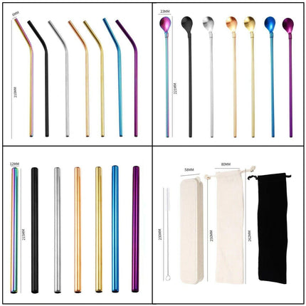 Reusable 304 Stainless Steel Straws Metal Drinking Washable Straw Brushes Set 2 - Rose Gold Set 2.
