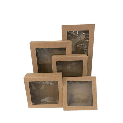10 Pack Kraft Paper Boxes with Window Disposable Cardboard Gift Catering Trays - 20X15X5CM.
