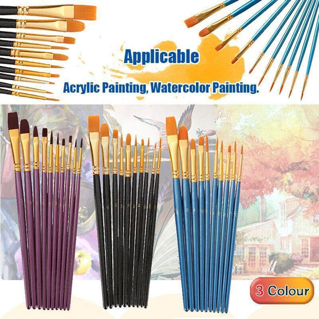 10pcs Artist Paint Brush Set Acrylic Oil Watercolour Gouache Painting Supplies - Black.