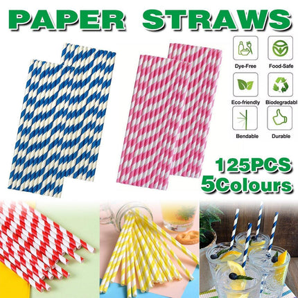 125pcs Biodegradable Paper Straws Striped Coloured Paper Drinking Straws Set.