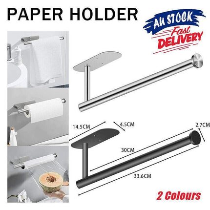 Kitchen Hanger Paper Roll Cabinet Towel Holder Organizer Rack Shelf Wall Adhesive - Silver.