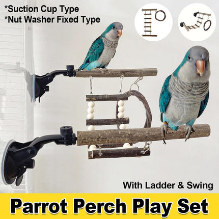 Wooden Parrot Stand Climbing Ladder Swing Toy for Birds Cage Play Accessories - Suction Cup Type.