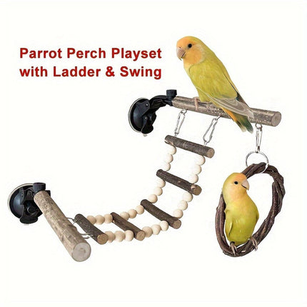 Wooden Parrot Stand Climbing Ladder Swing Toy for Birds Cage Play Accessories - Suction Cup Type.